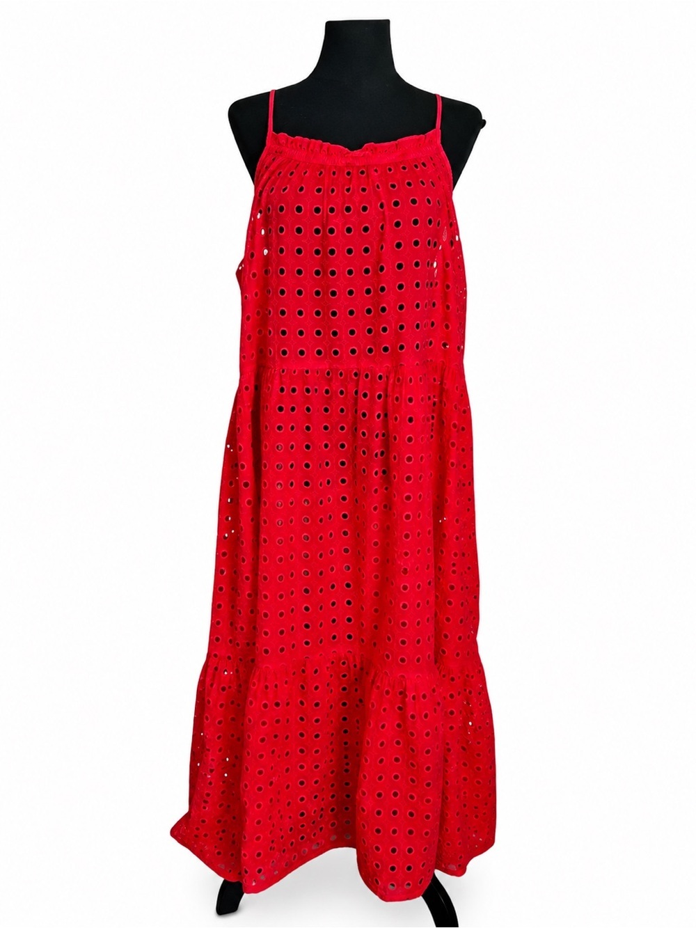 NWT Full Destination Red Eyelet Embroidered Tiered Midi Dress Size